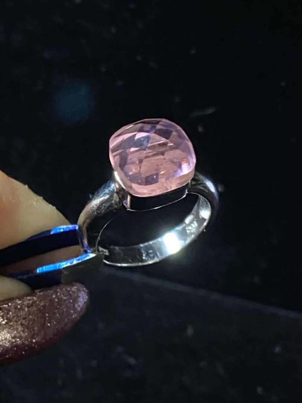 .925 Sterling Silver Cushion Cut Pink Swarovski Crystal Ring